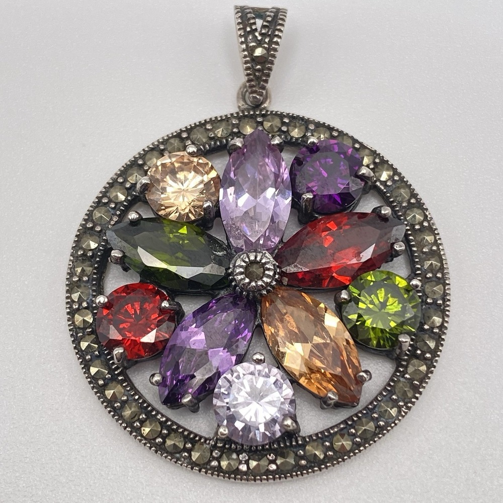Vivah 925 Sterling Silver Pendant Vtg Multi Gemstone Marcasite Round